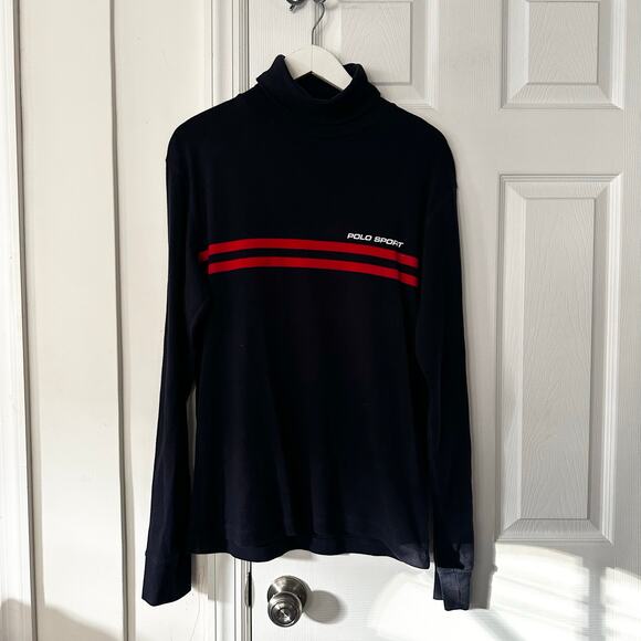 Ralph Lauren Polo Sport Vintage 100% Cotton Navy Blue Turtleneck Red Stripes M - Picture 1 of 7